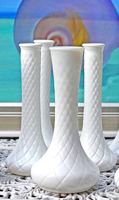 Milk Glass Flute Vase. Vase with Diamond Pattern by Hoosier Glass Co.