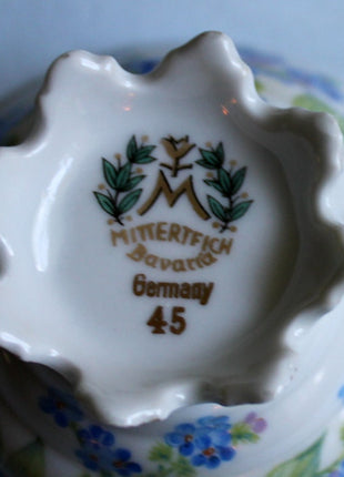 Antique Bavarian Porcelain Cup and Saucer. Tea or Coffee Set with Forget Me Not Flowers and Gold Rims. Mitterteich Bavaria.