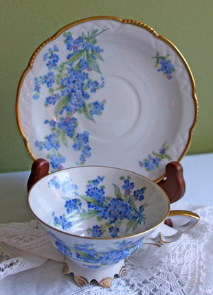 Antique Bavarian Porcelain Cup and Saucer. Tea or Coffee Set with Forget Me Not Flowers and Gold Rims. Mitterteich Bavaria.