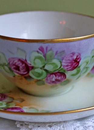 Regency Tea Cup and Saucer. Antique Hand-Painted Porcelain Cup and Saucer. Peach with Wild Flower Bouquet Motif. Made in England.