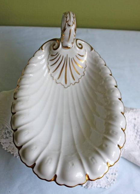 Antique Porcelain Footed Bowl with Ornate Handle. Hand Painted Porcelain Candy or Vegetable Serving Bowl by R.P.M. Germany