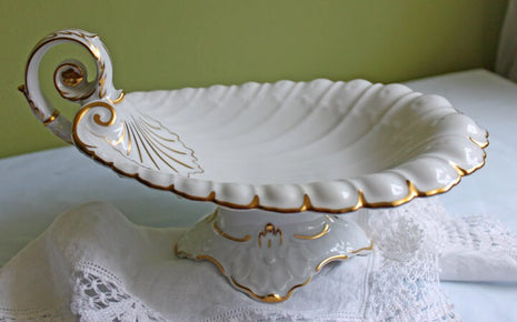 Antique Porcelain Footed Bowl with Ornate Handle. Hand Painted Porcelain Candy or Vegetable Serving Bowl by R.P.M. Germany