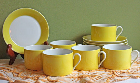 SOLD. Coffee or Tea Serving Cup and Saucer Set by Fitz & Floyd. Modern Yellow and White Porcelain Breakfast Set Made in Japan.