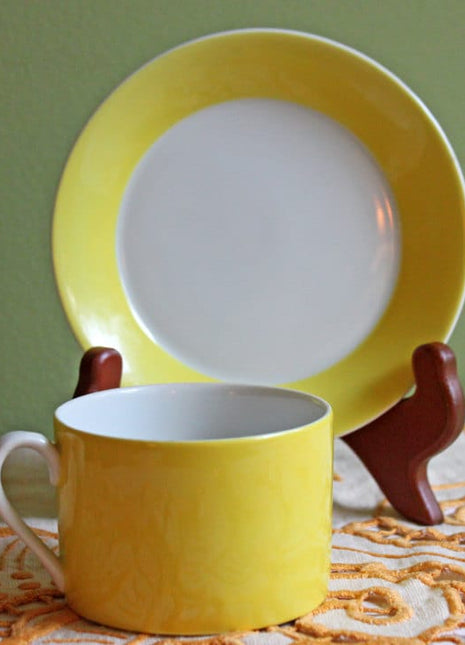 SOLD. Coffee or Tea Serving Cup and Saucer Set by Fitz & Floyd. Modern Yellow and White Porcelain Breakfast Set Made in Japan.