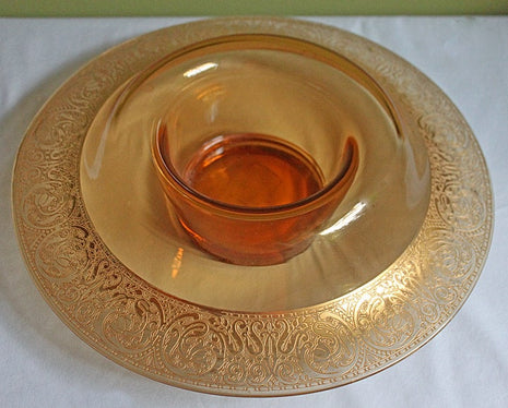 Antique Pickard Crystal Bowl with Wide Collar. Amber Crystal with Rich 24 Karat Gold Decorative Rims. Rare Finding Piece.