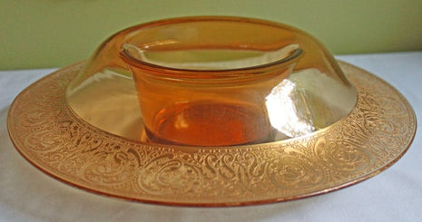 Antique Pickard Crystal Bowl with Wide Collar. Amber Crystal with Rich 24 Karat Gold Decorative Rims. Rare Finding Piece.