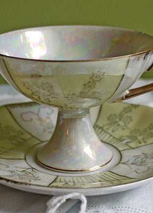 Vintage Footed Teacup and Saucer - Iridescent Porcelain Tea Set