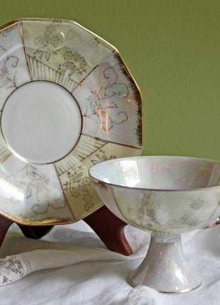 Vintage Footed Teacup and Saucer - Iridescent Porcelain Tea Set