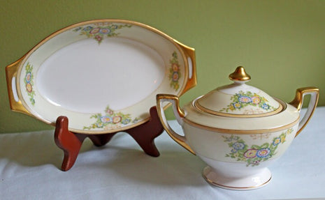 Vintage Porcelain Sugar Bowl and Oval Platter