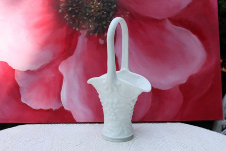 Milk Glass Basket with Grapes, Leaves and Vines Pattern. Slim Milk Glass Basket Shaped Vase with Harvest Pattern and Tall Handle.