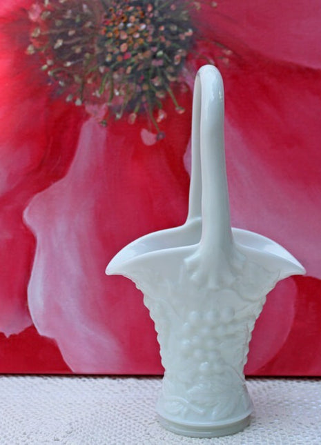 Milk Glass Basket with Grapes, Leaves and Vines Pattern. Slim Milk Glass Basket Shaped Vase with Harvest Pattern and Tall Handle.