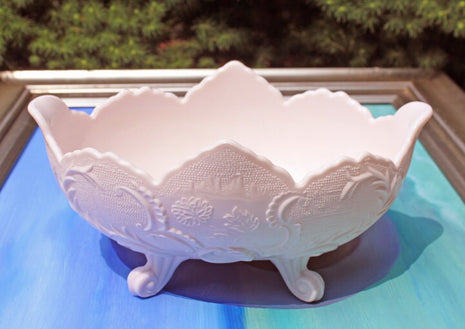 Ornate Pink Milk Glass Large Oval Bowl with Scalloped Rim