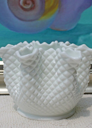 Westmoreland Milk Glass Vase. Vase for Growing Ivy. Ivy Planter. Wedding or Home Decor. Vase with English Hobnail Pattern and Pinched Edge