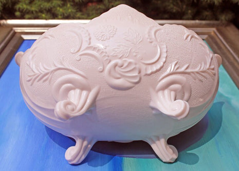 Ornate Pink Milk Glass Large Oval Bowl with Scalloped Rim