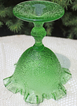Vintage Fenton Glass Footed Compote. Green Embossed  Bowl with Ruffled Rim.