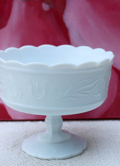 Milk Glass Compote Footed Bowl Ornate Lotus Design