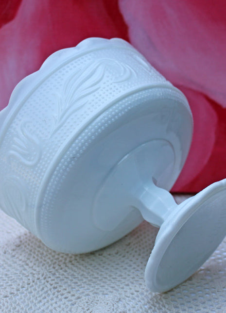 Milk Glass Compote Footed Bowl Ornate Lotus Design