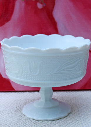 Milk Glass Compote Footed Bowl Ornate Lotus Design