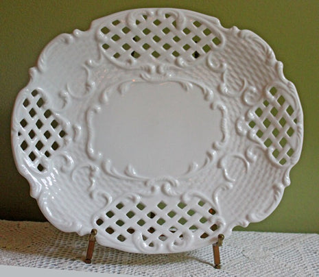 Porcelain Platter with Intricate Design. Oval Plate with Lacy Decor on the Rim. Display or Serving Large Oval Plate.