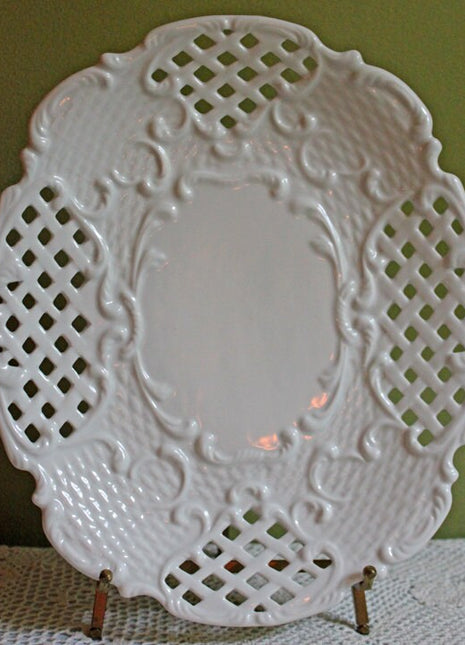Porcelain Platter with Intricate Design. Oval Plate with Lacy Decor on the Rim. Display or Serving Large Oval Plate.