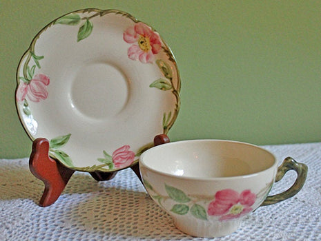 Franciscan Desert Rose Pottery Cup & Saucer Set – Antique Set of 6 with 2 Plates, Made in USA, Collectible Vintage Dishware