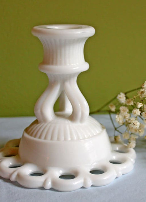 Westmoreland Milk Glass Candle Stick. Old Colony Pattern. Candles Stick with Lacy Scalloped Rim. Collectible Milk Glass Candlestick.