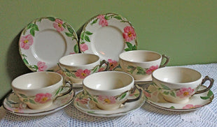 Franciscan Pottery Cup & Saucer Set with Desert Rose Pattern - Set of Six