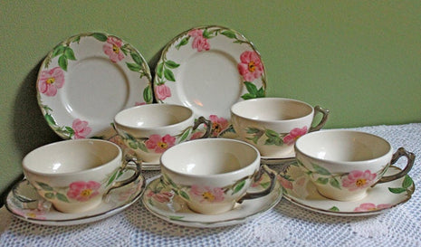 Franciscan Desert Rose Pottery Cup & Saucer Set – Antique Set of 6 with 2 Plates, Made in USA, Collectible Vintage Dishware