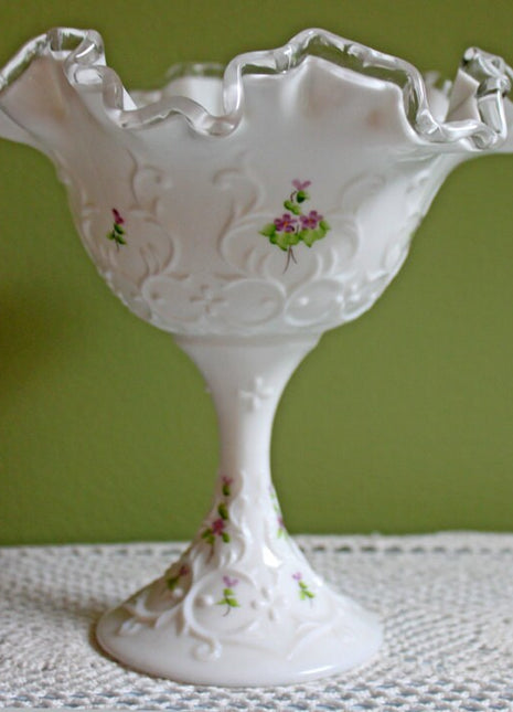Fenton Silver Crest Footed Bowl with Spanish Lace Pattern & Painted Violets