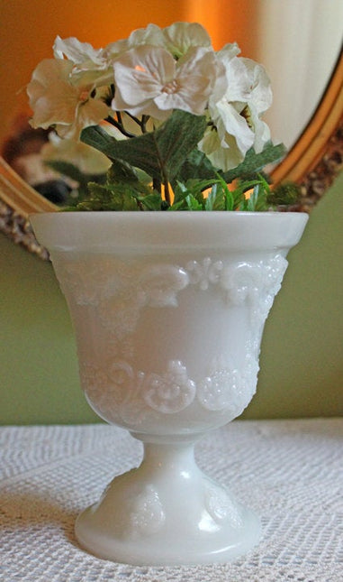Footed Milk Glass Vase or Planter with Embossed Base - Rare Pattern