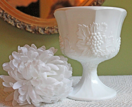 Milk Glass Footed Vase or Planter with Embossed Grapes and Leaves, Harvest Pattern