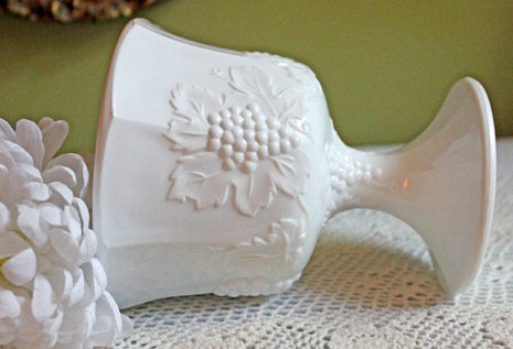 Milk Glass Footed Vase or Planter with Embossed Grapes and Leaves, Harvest Pattern