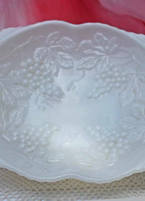 Milk Glass Square Bowl with Embossed Grapes and Vines.
