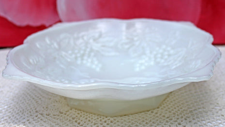 Milk Glass Square Bowl with Embossed Grapes and Vines.