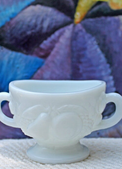 Westmoreland Sugar Bowl. Milk Glass Open Sugar Serving Dish. Sugar Serving Bowl with Embossed Pear, Apple, and Grapes.