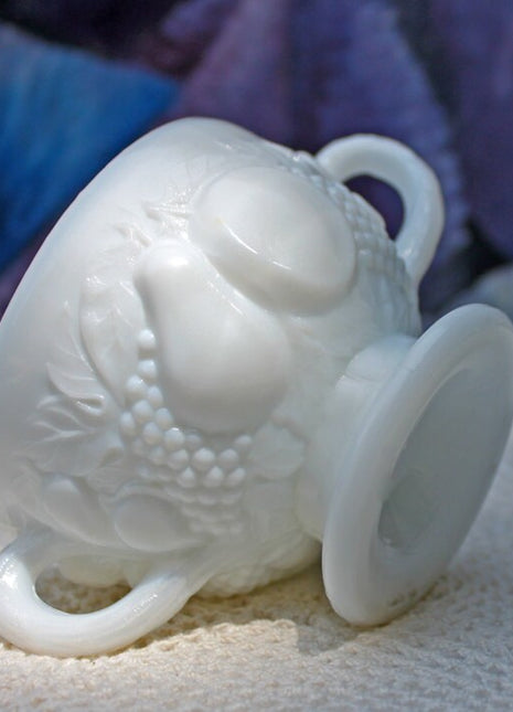 Westmoreland Sugar Bowl. Milk Glass Open Sugar Serving Dish. Sugar Serving Bowl with Embossed Fruit. Vintage housewares, Antique kitchenware, Retro home decor, Vintage tableware, Antique glassware, Vintage homewares, Retro decorative items