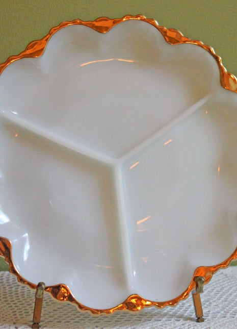 Vintage Milk Glass  Platter.  Milk Glass Divided Platter with 22 Karat Gold Scalloped Rim and Ornate Back.