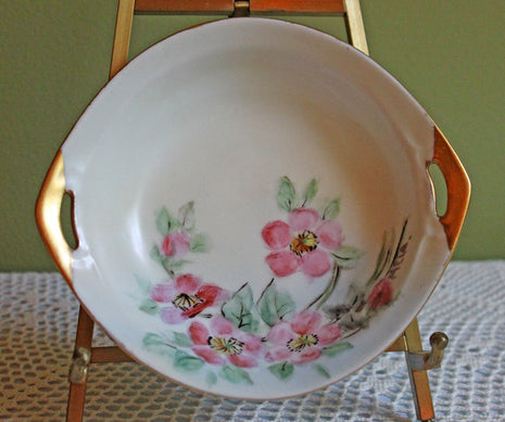 Antique Porcelain Bowl - Reticulated Handles & Hand Painted Cherry Flowers