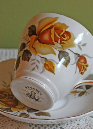 Porcelain Teacup and Saucer Set.  Tea Set with Hand Painted Yellow Roses.  Made in England by Regency. Collectible Bone China Porcelain.