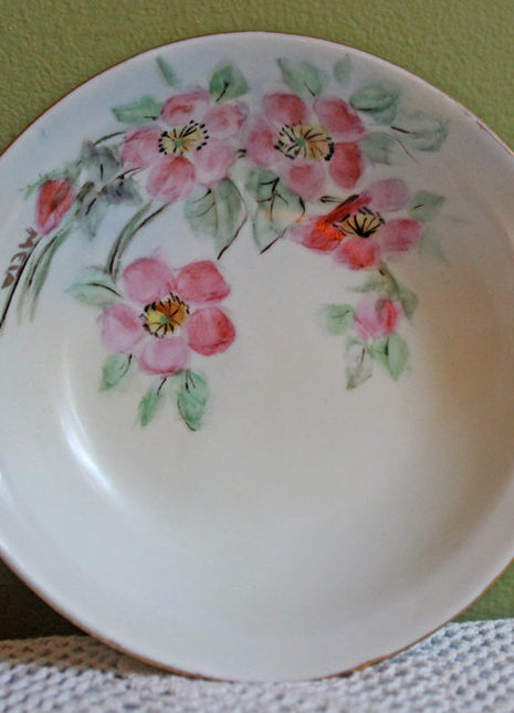 Antique Porcelain Bowl - Reticulated Handles & Hand Painted Cherry Flowers
