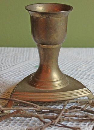 Antique Brass Candle Stick Holder with Triangle Base and Lion Feet.