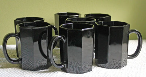 Black Glass Mugs.  Six Modern Octagonal Design Cups Made by Arcopal in France.