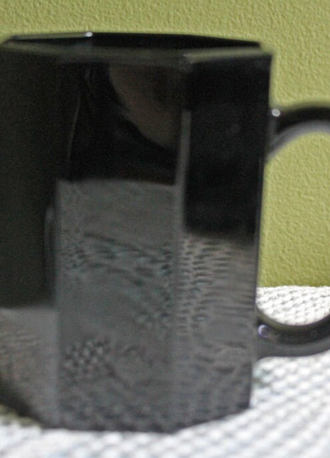 Black Glass Mugs.  Six Modern Octagonal Design Cups Made by Arcopal in France.