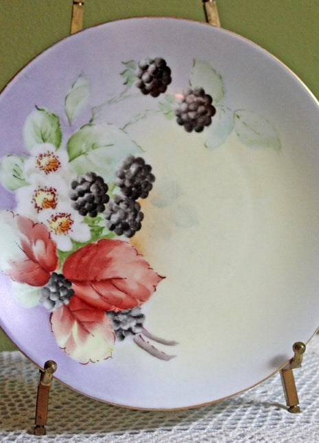 Antique Decorative Plate. Hand Painted Display Plate. Porcelain Plate with Blackberry Fruit and Blossom. Plate Signed by Artist.
