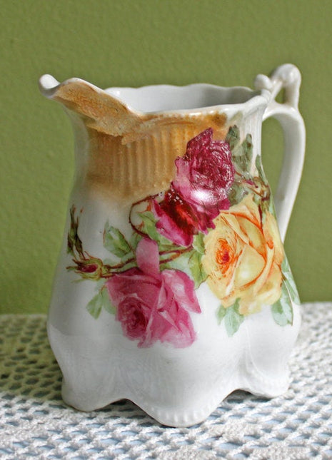 Antique Porcelain Creamer, Hand Painted Roses, Small Pitcher Made in Germany
