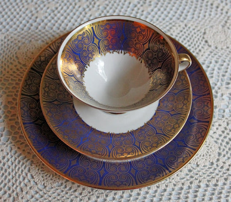 Antique Bavarian Porcelain Tea Trio. Porcelain Cup, Saucer, Dessert Plate in Gold Blue White. Winterling Tea Set by Markleuten, Bavaria.