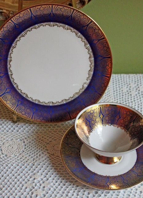 Antique Bavarian Porcelain Tea Trio. Porcelain Cup, Saucer, Dessert Plate in Gold Blue White. Winterling Tea Set by Markleuten, Bavaria.