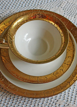 Antique Bavarian Porcelain Tea Trio. Porcelain Cup, Saucer, Dessert Plate in Gold and White. Tea Set by Eschenbach, Bavaria.