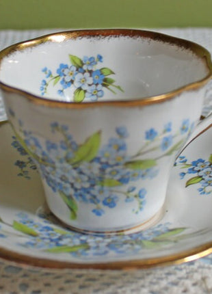 Vintage  English Porcelain Cup and Saucer. Tea or Coffee Set with Forget Me Not Flowers and Gold Rims. Rosina Bone China Tea or Coffee Set.