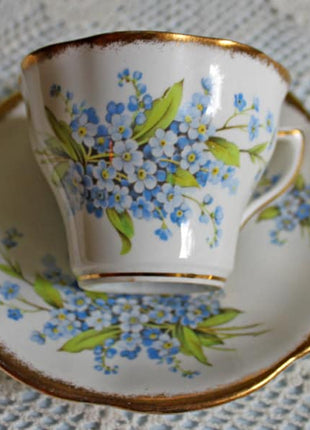 Vintage  English Porcelain Cup and Saucer. Tea or Coffee Set with Forget Me Not Flowers and Gold Rims. Rosina Bone China Tea or Coffee Set.